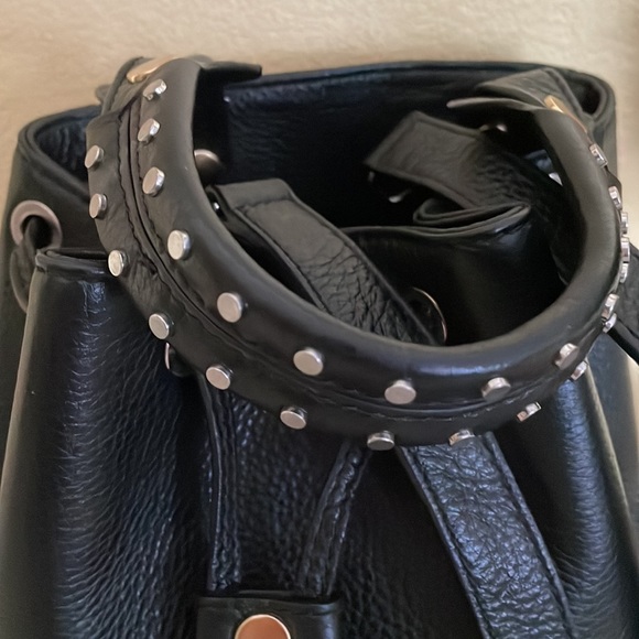 SANDRO Paris Alane Black Studs Pebble Leather Bucket Bag Tassel - Picture 12 of 12